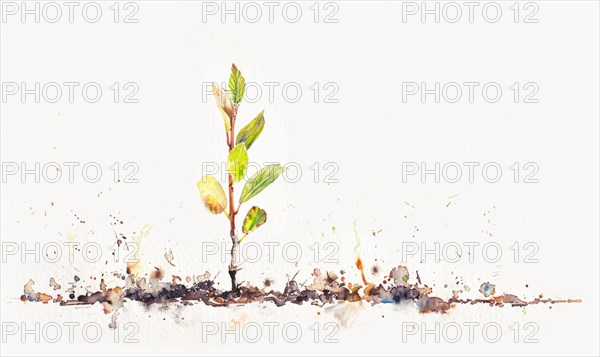 Watercolor illustration of a small tree sprout emerging from the ground AI generated