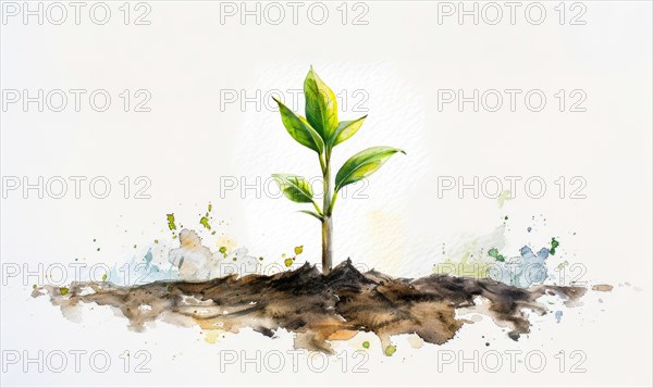 Watercolor illustration of a young tree sprout with bright green leaves AI generated