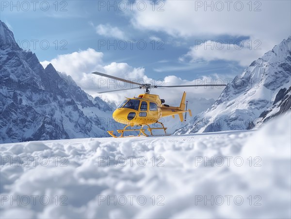 Gelber Hubschrauber auf schneebedeckter Landeflaeche mit eindrucksvollen Bergen und blauem Himmel, Rettungshubschrauber im Einsatz, AI generiert, AI generated