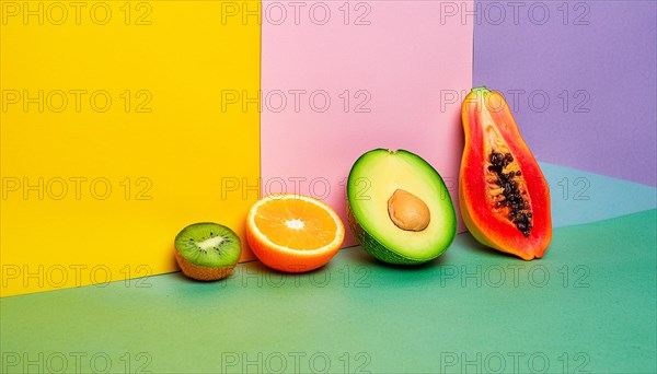 Still life of fruits with a pop art style and geometric pastel color background, horizontal, AI generated