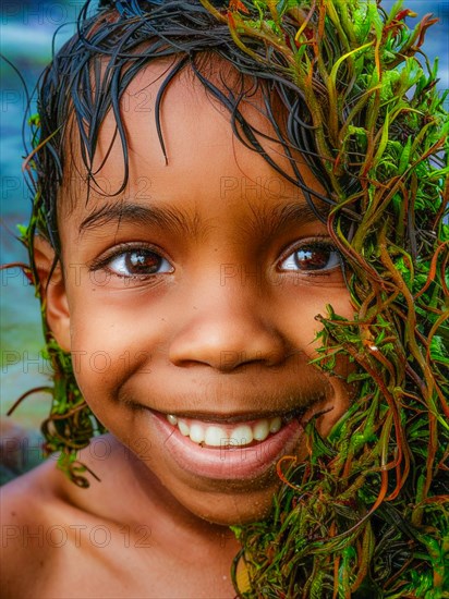 A joyous child with seaweed in hair sporting a bright smile in a playful close-up, earth day concept, AI generated