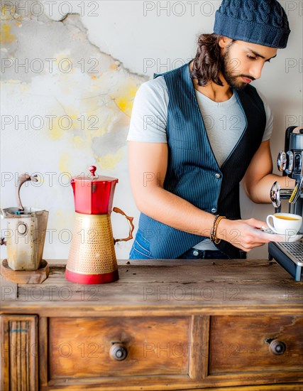 A barista prepares espresso at a vintage coffee machine on a rustic wooden counter, Vertical aspect ratio, AI generated