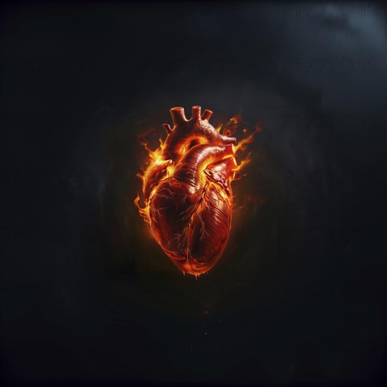 A burning heart with a dark, smoky atmosphere, AI generated