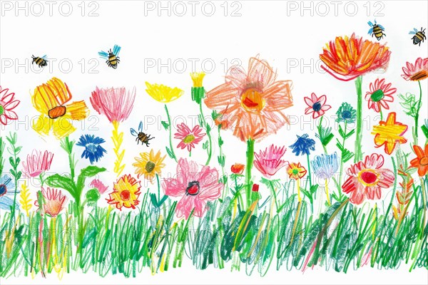 Flower meadow with bees, drawing with coloured pencils by a child of preschool age, primary school age, AI generated, AI generated, AI generated