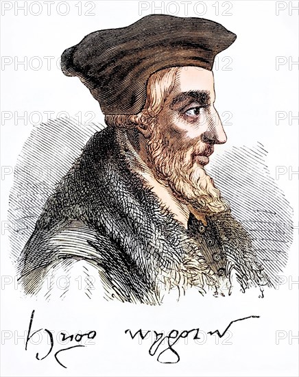 Portrait and signature of Bishop Hugh Latimer 1485 to 1555 English preacher and Protestant martyr, Historical, digitally restored reproduction from a 19th century original, Record date not stated