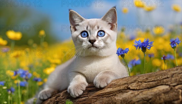 KI generated, animal, animals, mammal, mammals, cat, felidae (Felis catus), a kitten resting in a meadow on a tree trunk