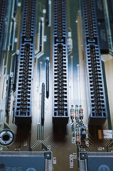 Close-up of blue lighted electronic computer circuit board with lines, Studio Composition, Quebec, Canada, North America