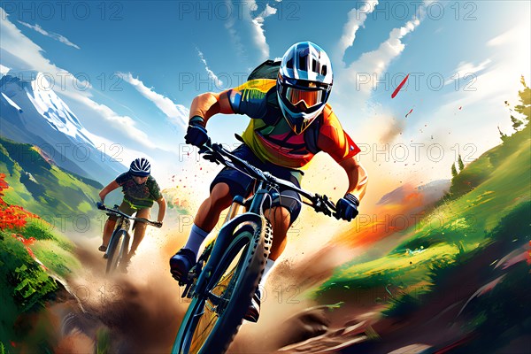 AI generated illustration showcasing mtb cycling sports in vibrant accessible color schemes