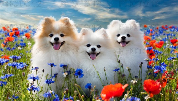 KI generate, animal, animals, mammal, mammals, dwarf spitz, Spitz, (Canis lupus familiaris), dog, dogs, bitch, Pomeranians, a bitch and two puppies sitting in a meadow with poppies and cornflowers