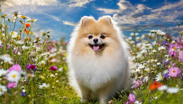 KI generated, animal, animals, mammal, mammals, one, single animal, dwarf spitz, Spitz, (Canis lupus familiaris), dog, dogs, bitch, Pomeranians, flower meadow, summer