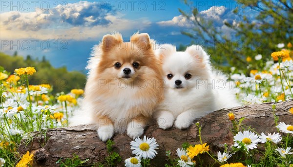 KI generated, animal, animals, mammal, mammals, a, single animal, dwarf spitz, Spitz, (Canis lupus familiaris), dog, dogs, bitch, Pomeranians, bitch and puppy lying in a flower meadow, tree trunk