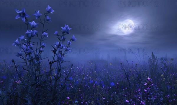 Bellflowers in a meadow under the moonlight, closeup view AI generated