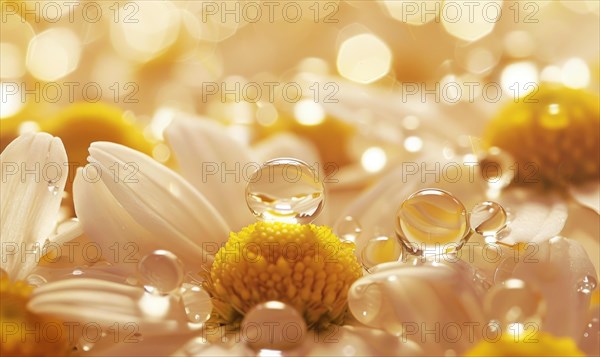 Chamomile essential oil droplets on chamomile flowers, nature beauty background AI generated