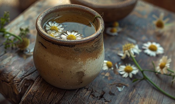 Chamomile tea in a rustic cup, closeup view AI generated