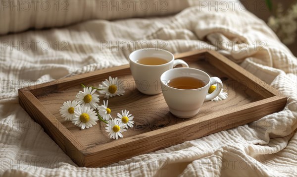 Chamomile tea set on a wooden tray AI generated
