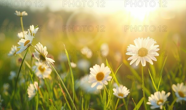 Daisies in a field at sunset, fields and meadows, spring nature background AI generated