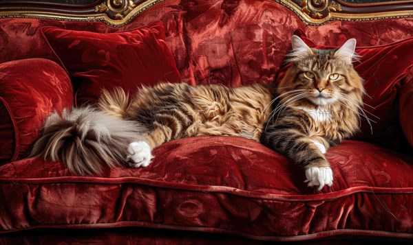 Majestic Maine Coon cat lounging on a plush velvet cushion AI generated