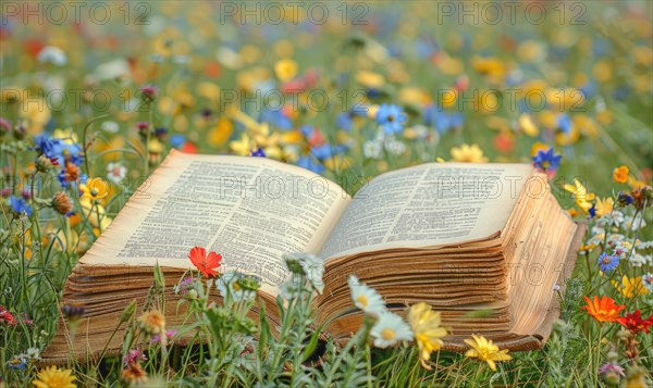 Old book lying on a grassy knoll surrounded by wildflowers AI generated