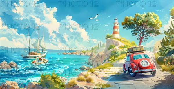 Rest on sea cost. A tranquil coastal scene with a red vintage car, a sailboat on the sea, and a lighthouse amidst lush greenery, AI generated