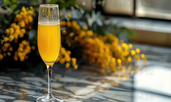 Cocktail in a glass goblet with mimosa branches in the background AI generated