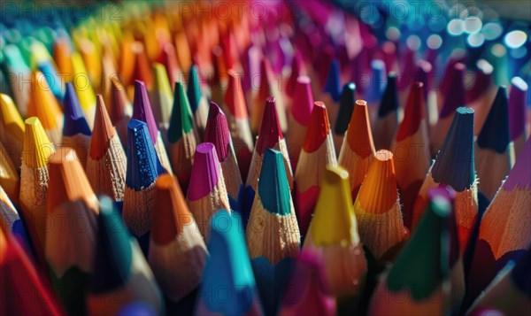 An overhead shot of colored pencils arranged in a pattern, abstract background with colored pencils AI generated