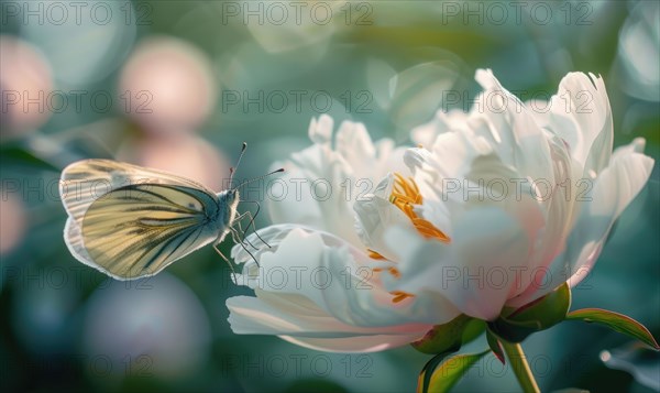 Close-up of a peony flower with a butterfly resting on its petals AI generated