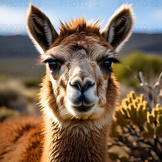 Guanaco standing on a solitary hill in the patagonian deserts sparsely vegetated landscape, AI generated