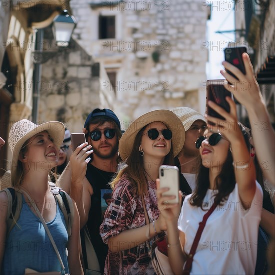 Cheerful group of tourists taking selfies in a historic street in the sunshine, AI generated