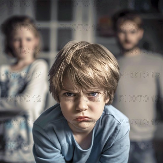 Defiant child with a serious face, the blurred silhouettes of the parents behind, AI generated