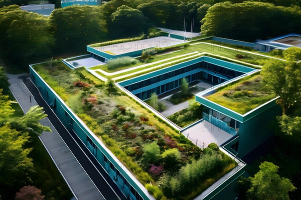 Aerial view of a modern hospitals green roof designed as a therapeutic garden, AI generated, modern, architecture