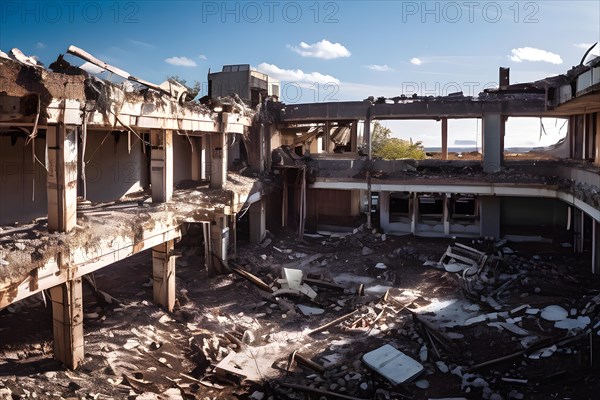 Neglected hospital section with collapsed roof elements, AI generated, hospital, damage, abandoned, ruin, decrepit