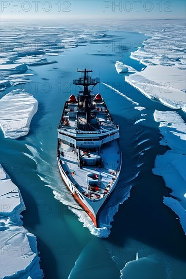 Aerial view of churned ice and open water trailing an icebreaker through pristine icy wilderness, AI generated