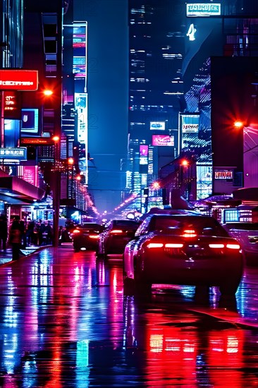 Nighttime cityscape main artery bustling with neon reflections on cars, AI generated