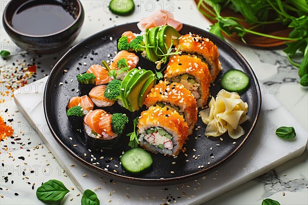Plate of assorted sushi with avocado, salmon and fresh herbs, garnished with sesame seeds, AI generated