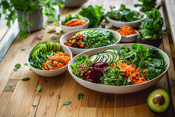 Healthy salad bowls with fresh greens, vibrant vegetables, and avocado on a wooden table, AI generated