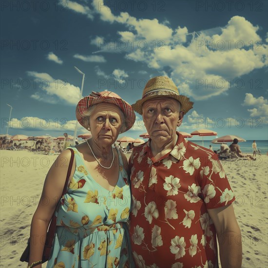 An elderly couple with disgruntled expressions stand on a sunny beach day, KI generated, AI generated