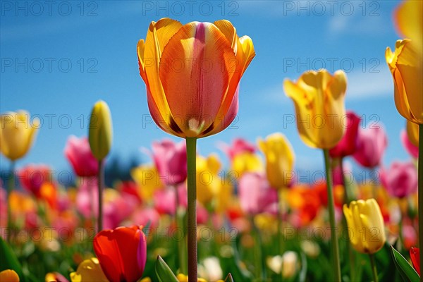Close-up of a vibrant red and yellow tulip against a striking blue sky with soft clouds, AI generated