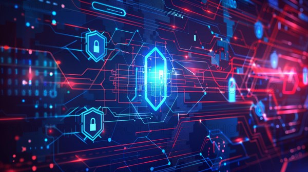 Futuristic network protection concept with a digital shield and circuit lines, ai generated, AI generated