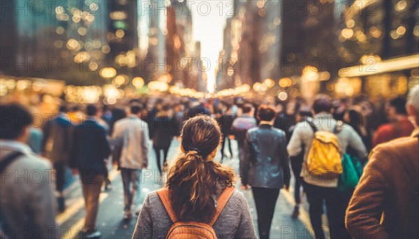 A backdrop of a crowded street with people during sunset in the city, rush hour commuting time, sunset, blurry cityscape, bokeh effect, AI generated
