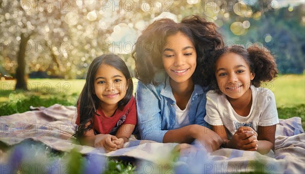 Three smiling girls lying on a picnic blanket in a park, AI generated