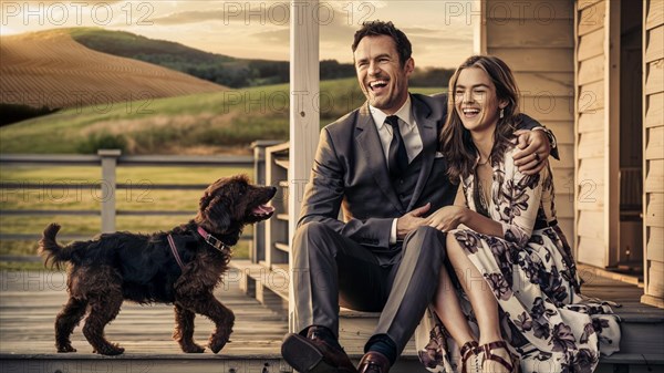 Happy elegant couple and their dog sitting on a porch, laughing together during sunset, romantic concept, AI generated