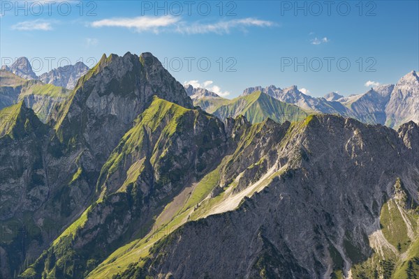 Mountain panorama from Laufbacher-Eckweg to Hoefats, 2259m, Allgaeu Alps, Allgaeu, Bavaria, Germany, Europe