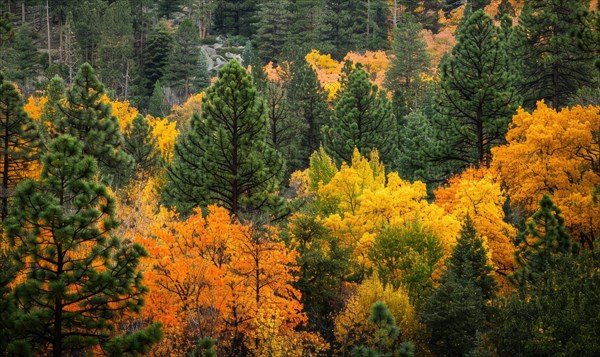 The vibrant colors of autumn foliage contrasting with the deep green of pine trees in a forest, autumn forest background AI generated