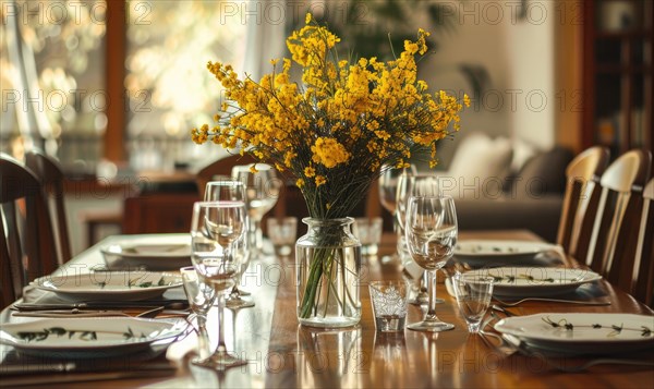 A chic dining table set for a dinner party, bouquet of yellow flower AI generated