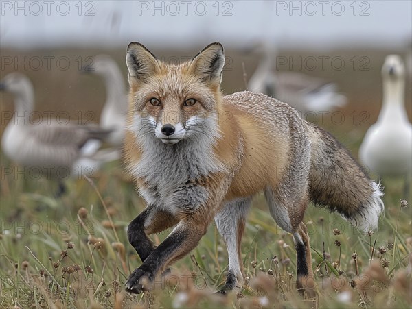 A fox in the field makes eye contact, geese and cloudy sky in the background, AI generated, AI generated, AI generated