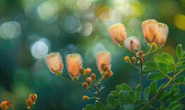 A close-up view of Mimosa seed pods against a blurred background of lush foliage AI generated