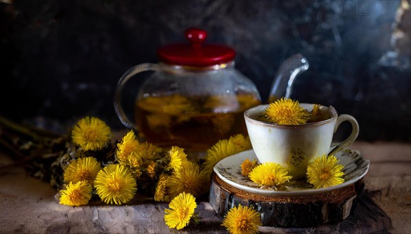 Cosy composition with coltsfoot tea and coltsfoot flowers on a wooden table, medicinal plant coltsfoot, Tussilago farfara, KI generated, AI generated