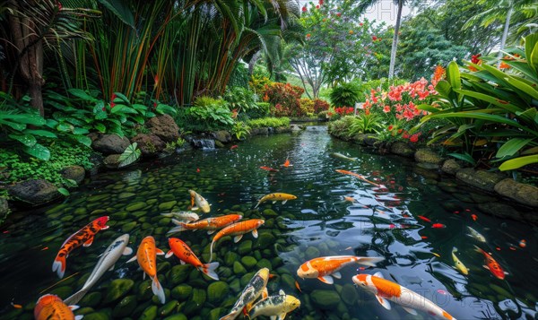 A tranquil koi pond surrounded by lush vegetation and blooming flowers AI generated