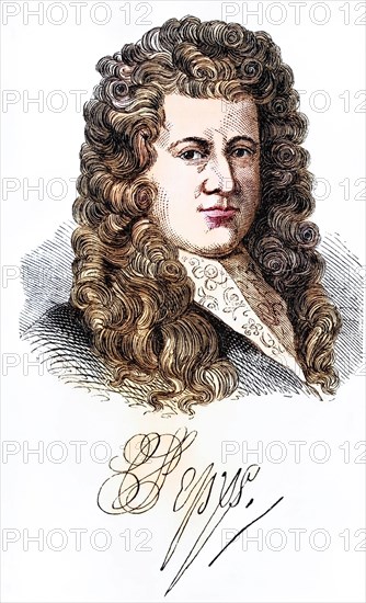 Samuel Pepys (pi?ps) (born 23 February 1633 in London, died 26 May 1703 in Clapham near London) was Chief Secretary to the Admiralty, President of the Royal Society and Member of the House of Commons, Historical, digitally restored reproduction from a 19th century original, Record date not stated