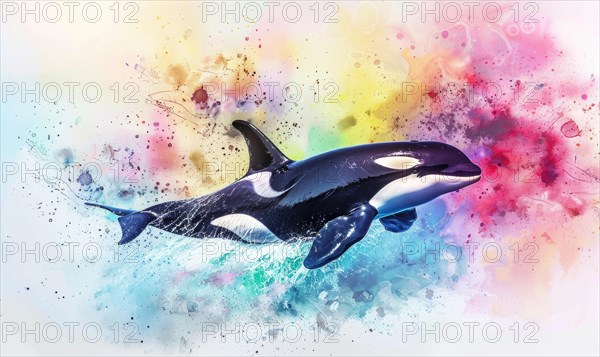 A watercolor depiction of an orca whale breaching the surface against a backdrop of vibrant ocean hues AI generated